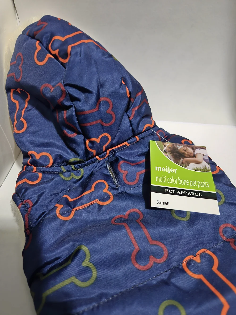 Meijer Navy Dog Parka with Red and Green Bone Print